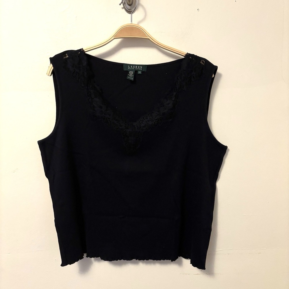 Lauren Ralph Lauren Tank Top Black Lace Embroidery‎ V Neck Sleeveless 2X